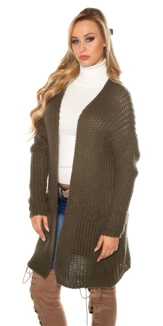 Trendy mohair chunky knit cardigan Khaki